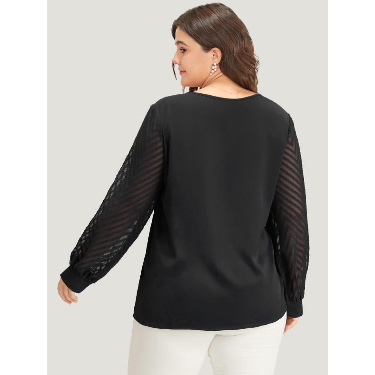 Plus Size Black Plain Keyhole Lace Patchwork Lantern Sleeve Blouse Women Office Long Sleeve Keyhole Cut-Out Work Blouses BloomChic 22-24/3X Product Image