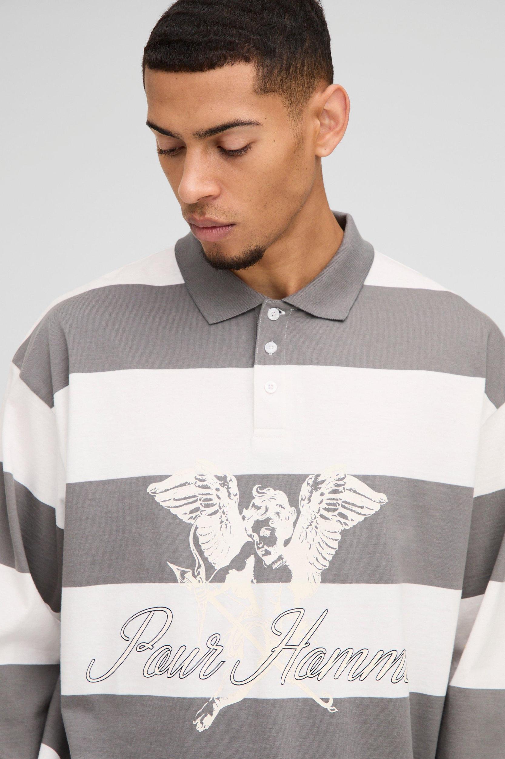 Oversized Long Sleeve Stripe Homme Printed Rugby Polo | boohooMAN USA Product Image