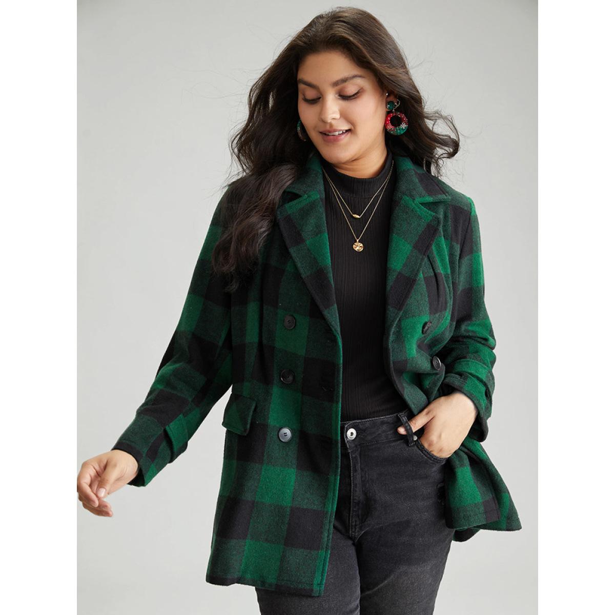 Plus Size Plaid Lapel Collar Flap Detail Double Breasted Coat Women DarkGreen Casual Contrast Ladies Dailywear Winter Coats BloomChic 28/5X Product Image