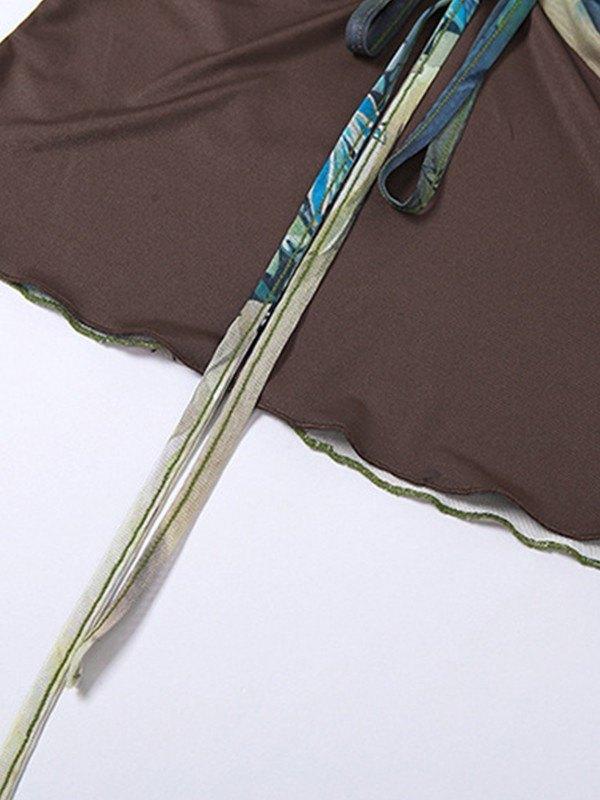 Tie Front Patchwork Mesh Long Sleeve Cropped Blouse Product Image