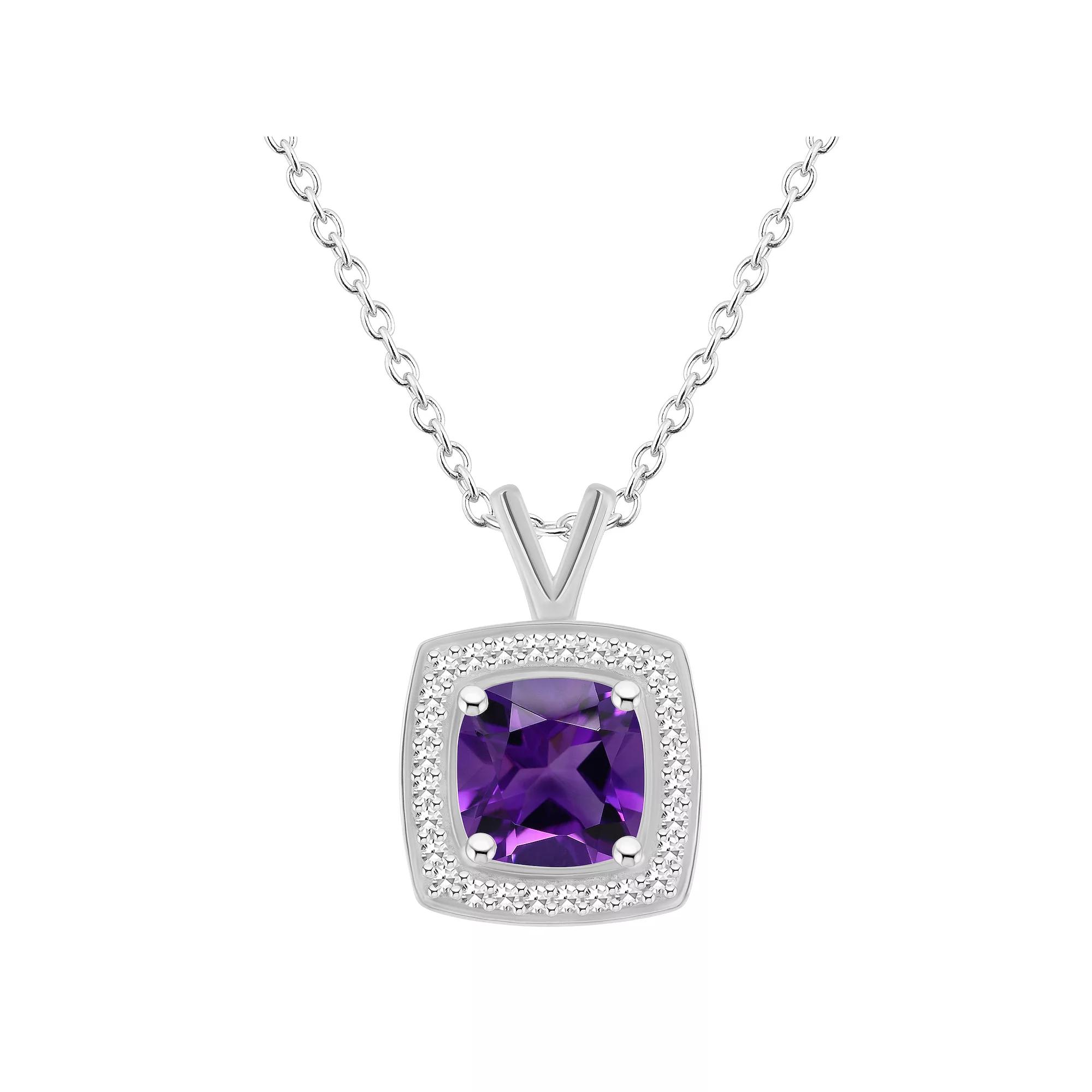 Celebration Gems Sterling Silver Cushion Gemstone & 1/8 Carat T.W. Diamond Halo Pendant Necklace, Women's, Size: 18", Purple Product Image