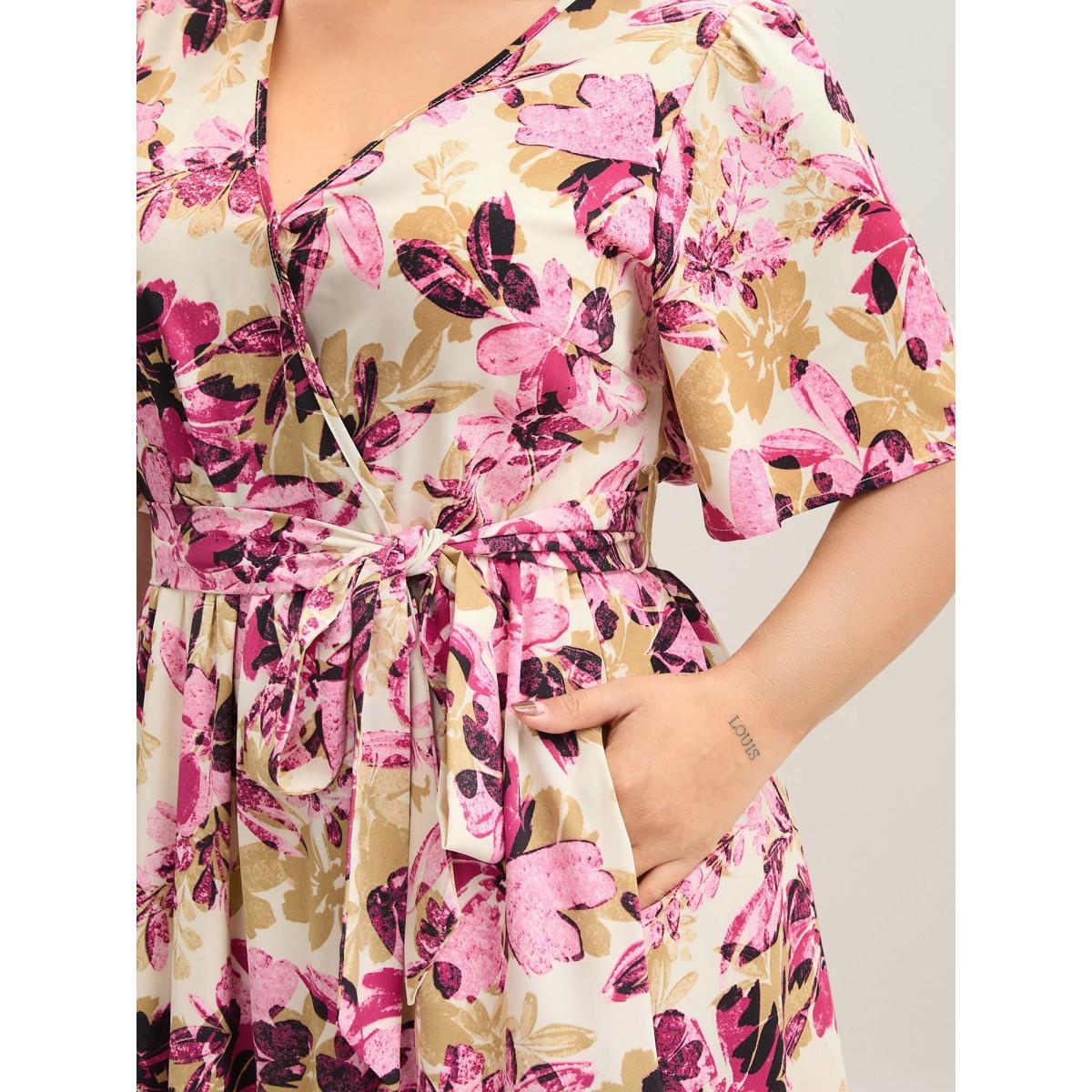 Plus Size Floral Pattern Pockets Surplice Midi Dress Rosered Women Overlap Collar Half Sleeve Curvy BloomChic 14-16/1X Product Image