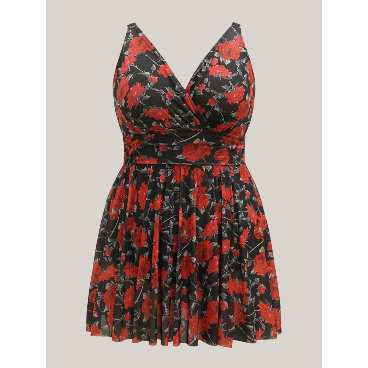 Plus Size Midnight Roses Sheer Pleated Swim Dress Women's Swimwear Black Beach Bodycon Overlap Collar High stretch Curve Swim Dresses BloomChic 12/L Product Image