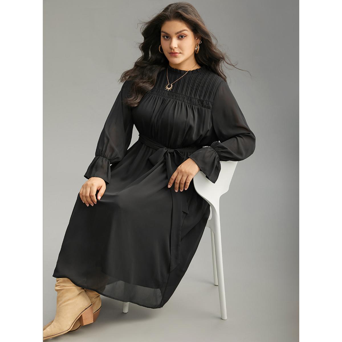 Plus Size Plain Pleated Stand Collar Shirred Ruffles Dress Black Women Office Plain Stand-up collar Long Sleeve Curvy Midi Dress BloomChic 12/L Product Image