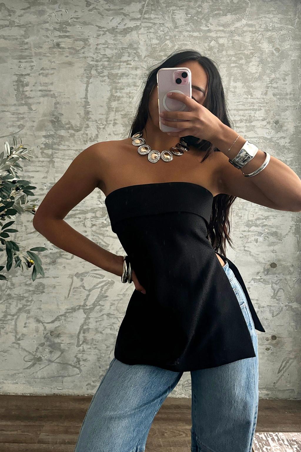 Montague Black Tailored Strapless Longline Top Product Image