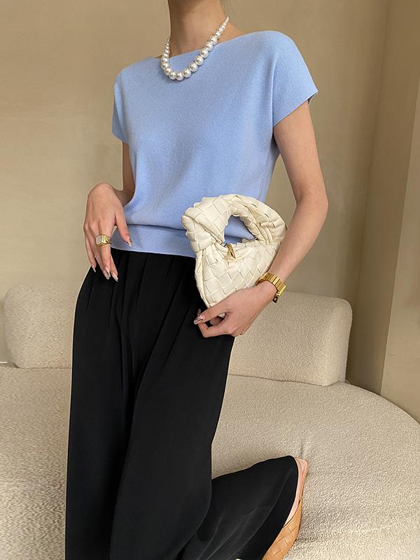 Stylish Loose Solid Color Boat Neck Knitwear Pullovers Tops Product Image
