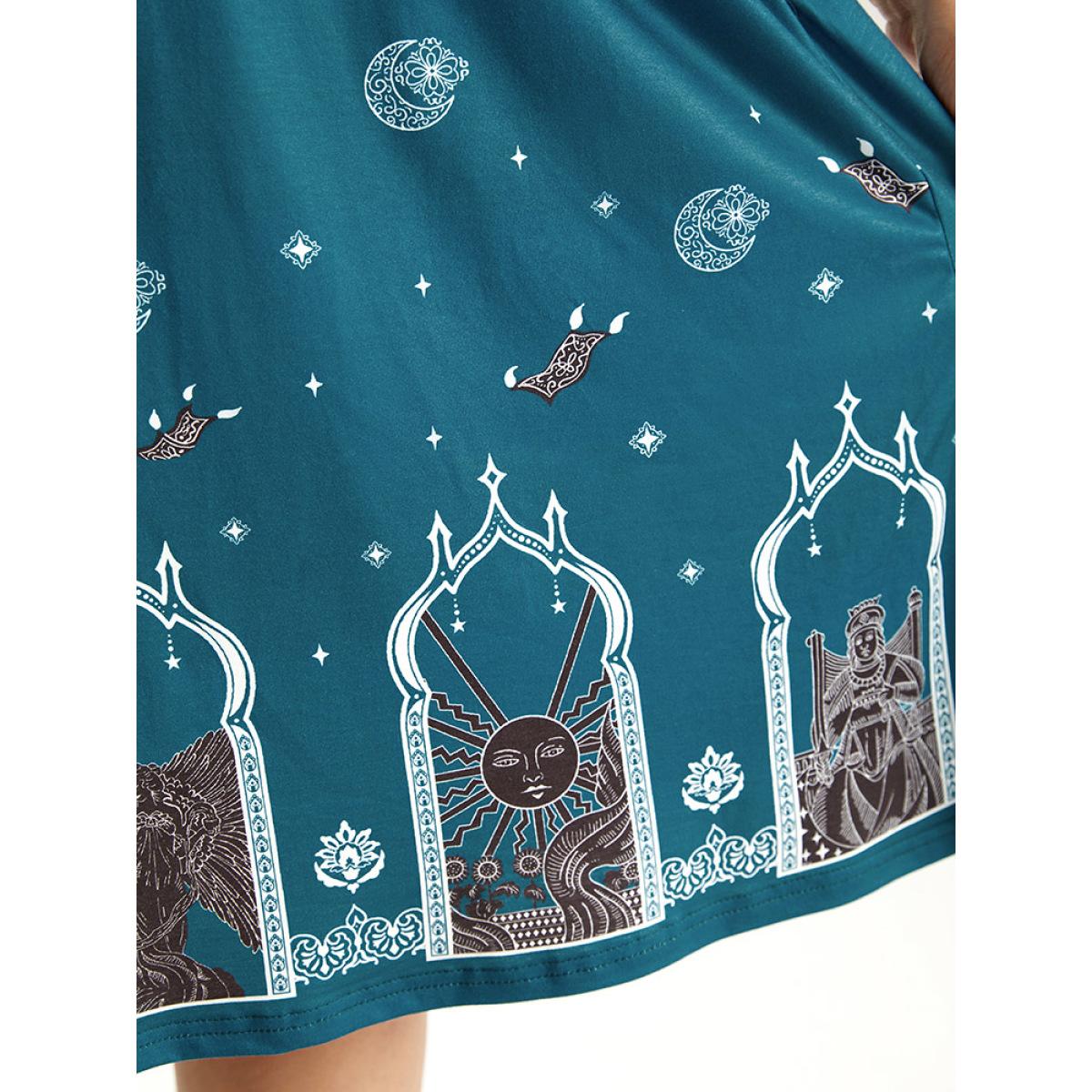 Plus Size Halloween Graphic Pocket Ruffle Trim Gathered Dress Emerald Women Casual Printed V-neck Elbow-length sleeve Curvy Midi Dress BloomChic 10/M Product Image