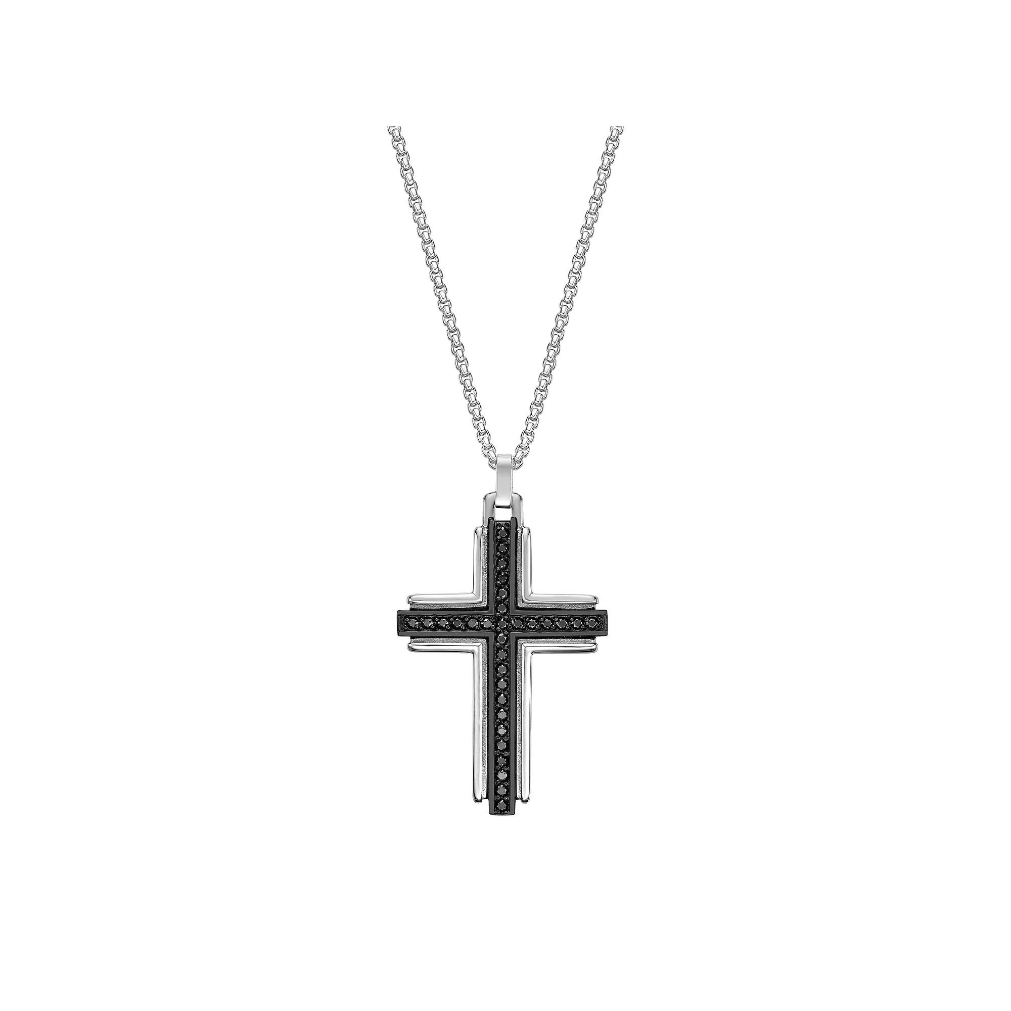 Men's LYNX Stainless Steel & Black Agate Cross Pendant Necklace, Size: 24", Two Tone Product Image