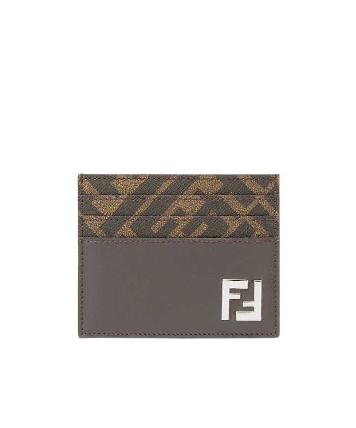 FENDI Brown Card-holder With Squared Ff Motif In Leather And Ff Canvas Man In Ebony Product Image