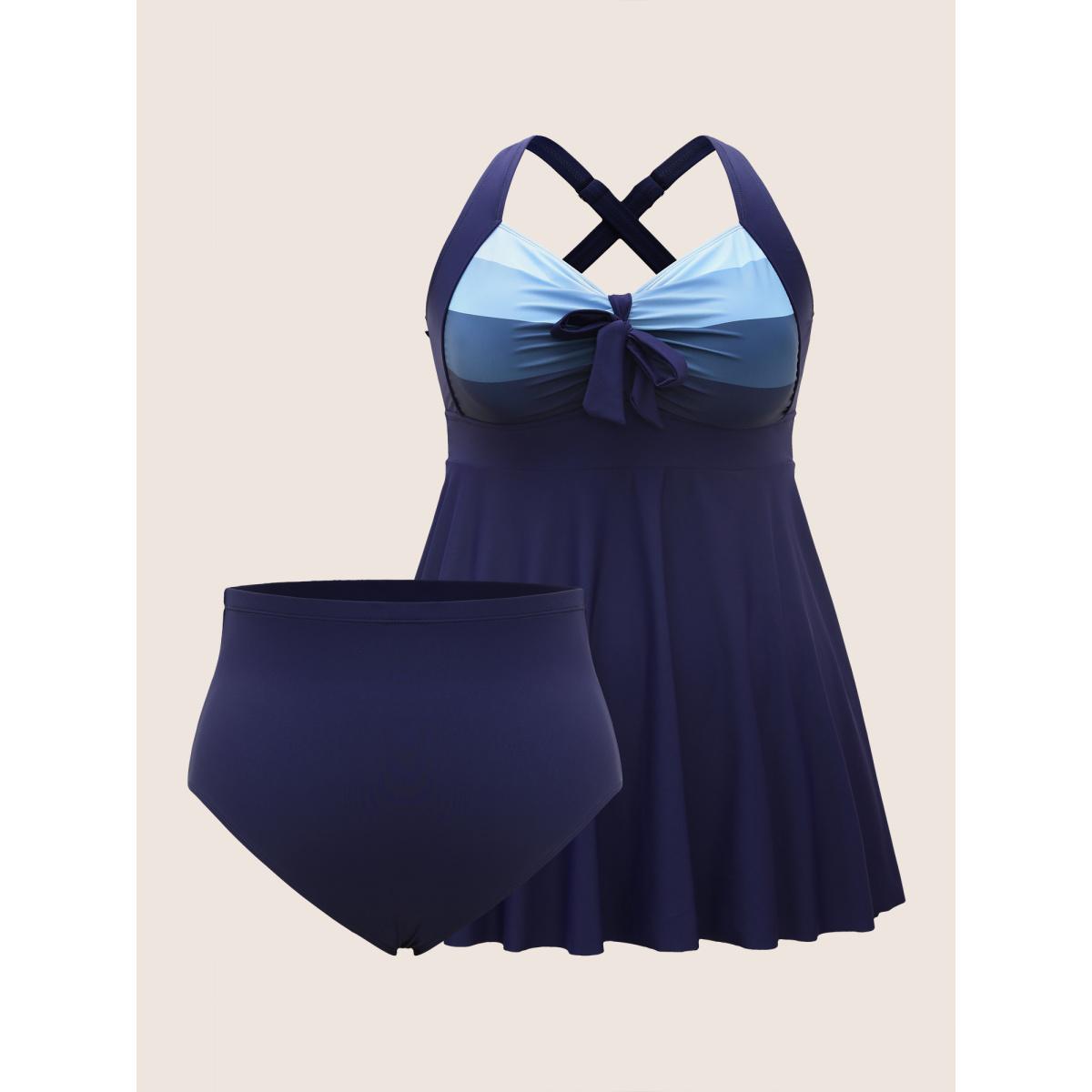 Plus Size Contrast Heart Neckline Patchwork Tie Knot Swim Dress Women's Swimwear Indigo Beach Bodycon Heart neckline High stretch Curve Swim Dresses BloomChic 18-20/2X Product Image