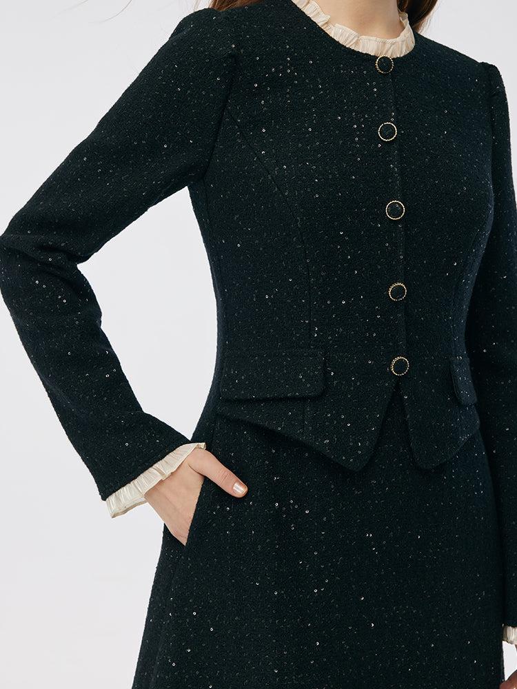 Wool Blend Sequins Tweed Ruffle Collar Women Midi Dress Product Image