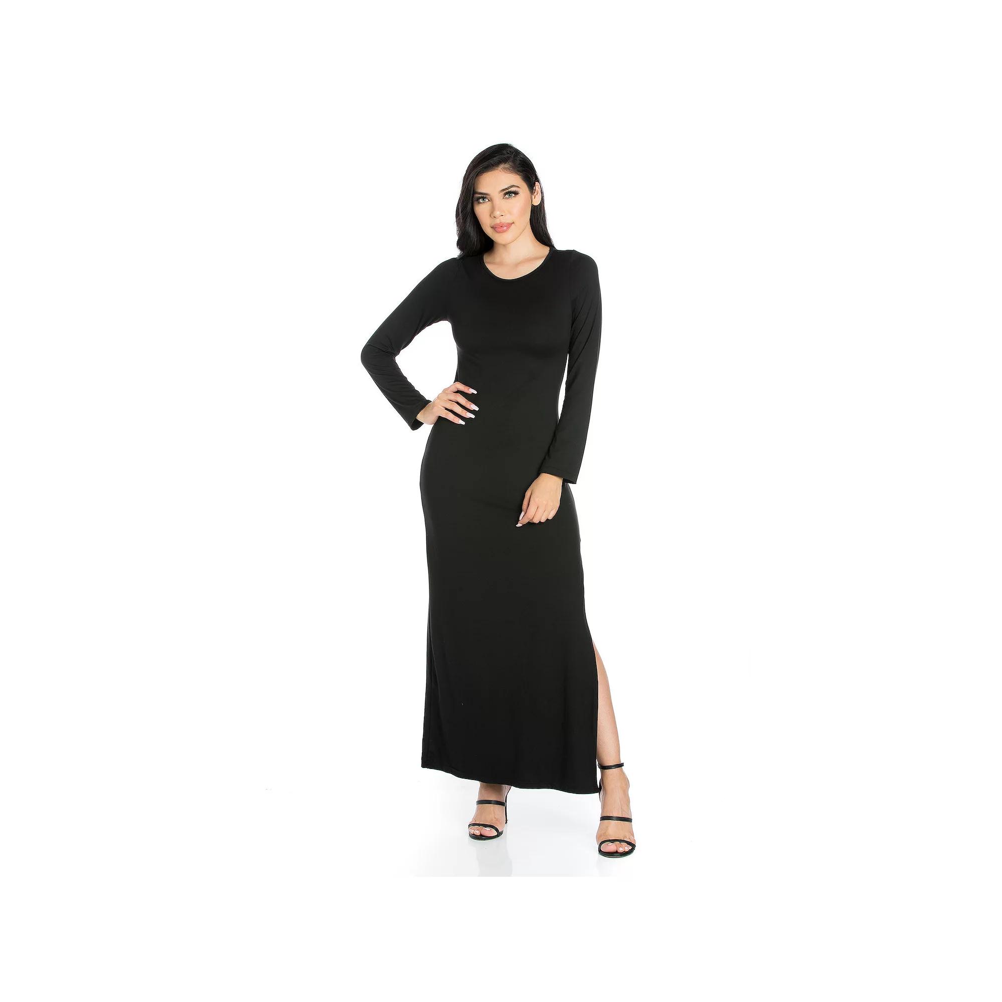 Women's 24seven Comfort Apparel Long Sleeve Side Slit Fitted Maxi Dress,  Product Image