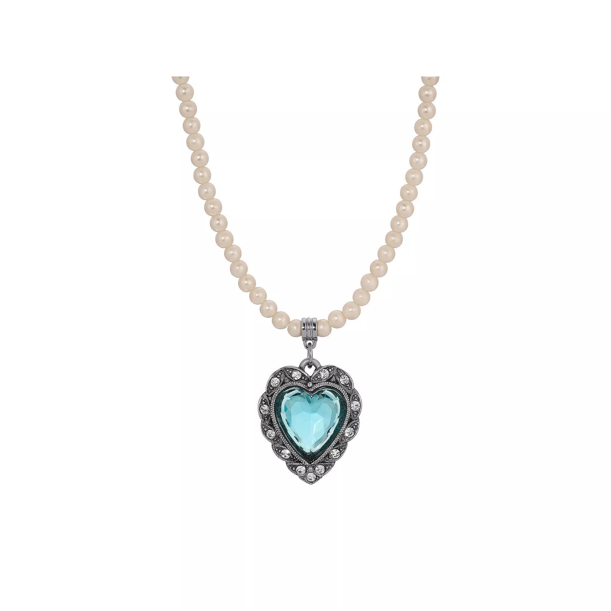 1928 Gold Tone Crystal Heart Necklace, Women's, Blue Product Image
