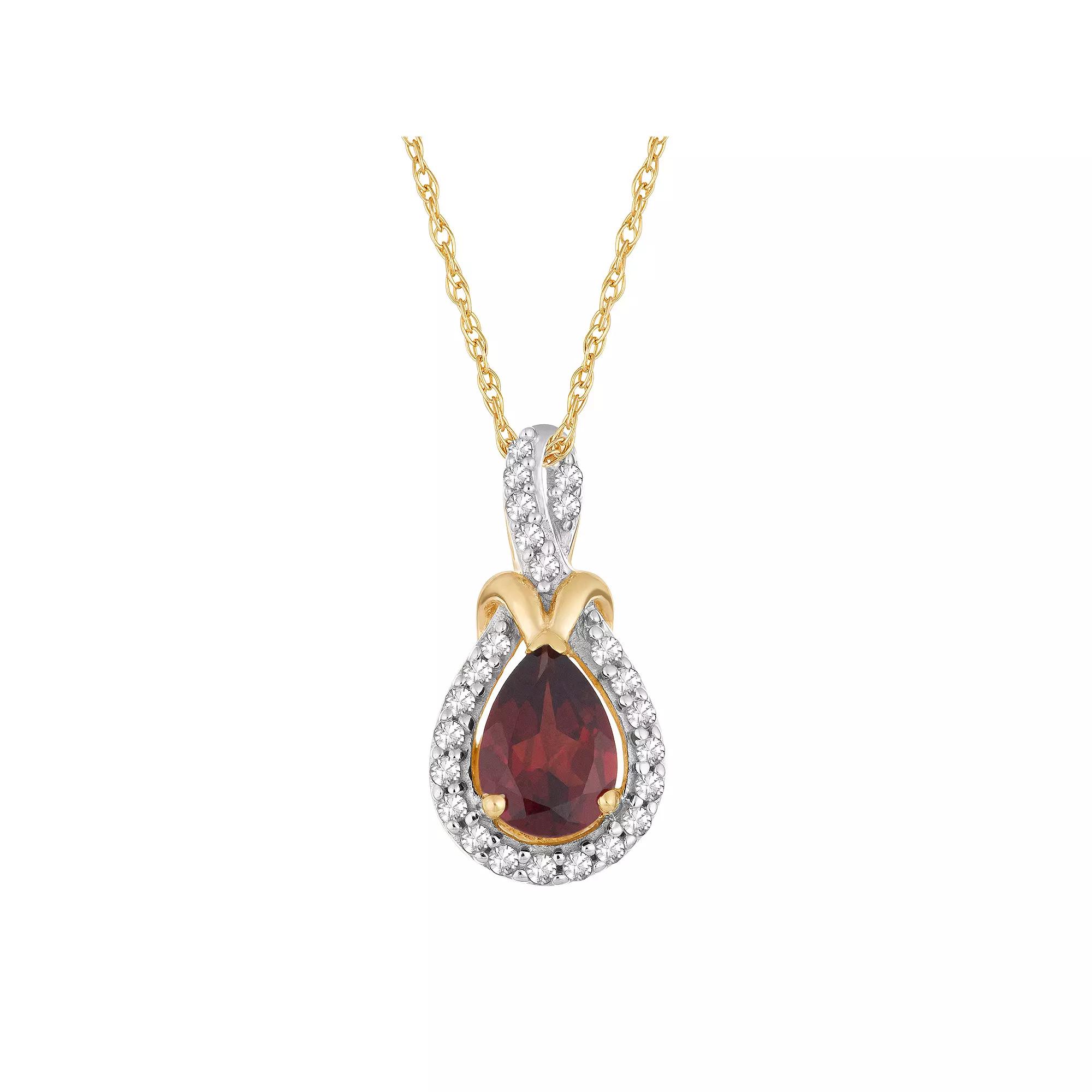 10k Gold Garnet & 1/6 Carat T.W. Diamond Halo Pendant Necklace, Women's, Size: 18" Product Image