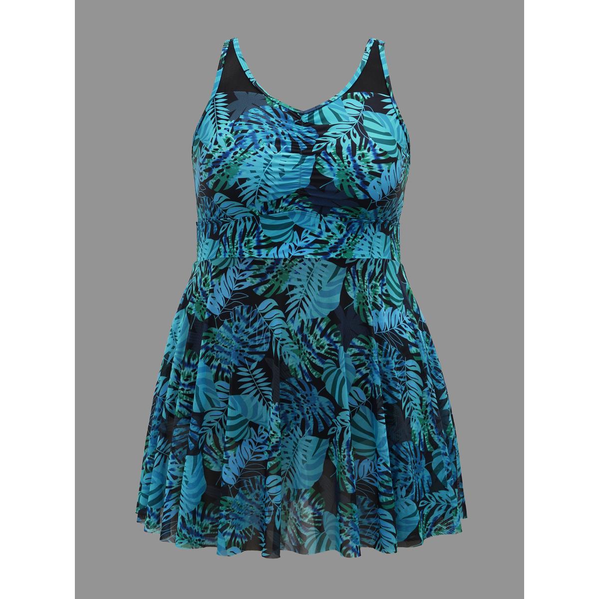 Plus Size Tropical Print Patchwork Mesh Side Slit Swim Dress Women's Swimwear Turquoise Beach Bodycon Heart neckline High stretch Curve Swim Dresses BloomChic 10/M Product Image