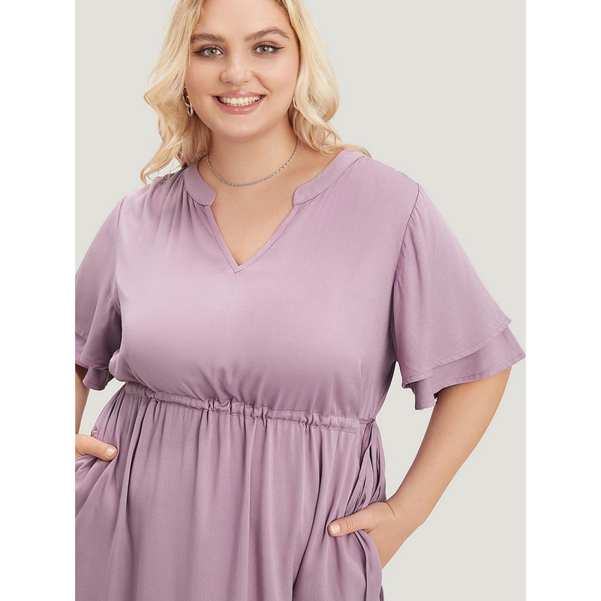 Plus Size Solid V Neck Ruffle Tiered Sleeve Pocket Drawstring Dress Mauve Women Office Drawstring V-neck Short sleeve Curvy Midi Dress BloomChic 14-16/1X Product Image