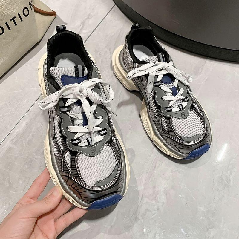 Platform Mesh Panel Lace-Up Faux Leather Sneakers Product Image