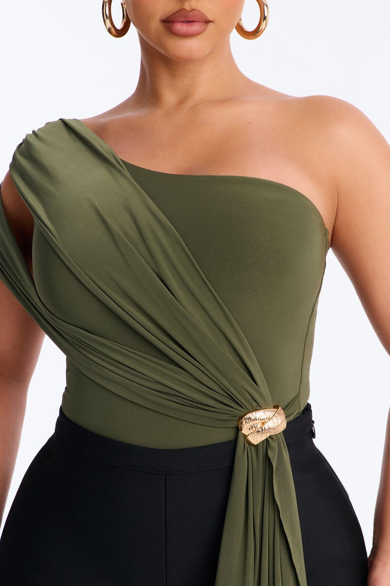 Roma Muse One Shoulder Draped Bodysuit - Olive Female Product Image