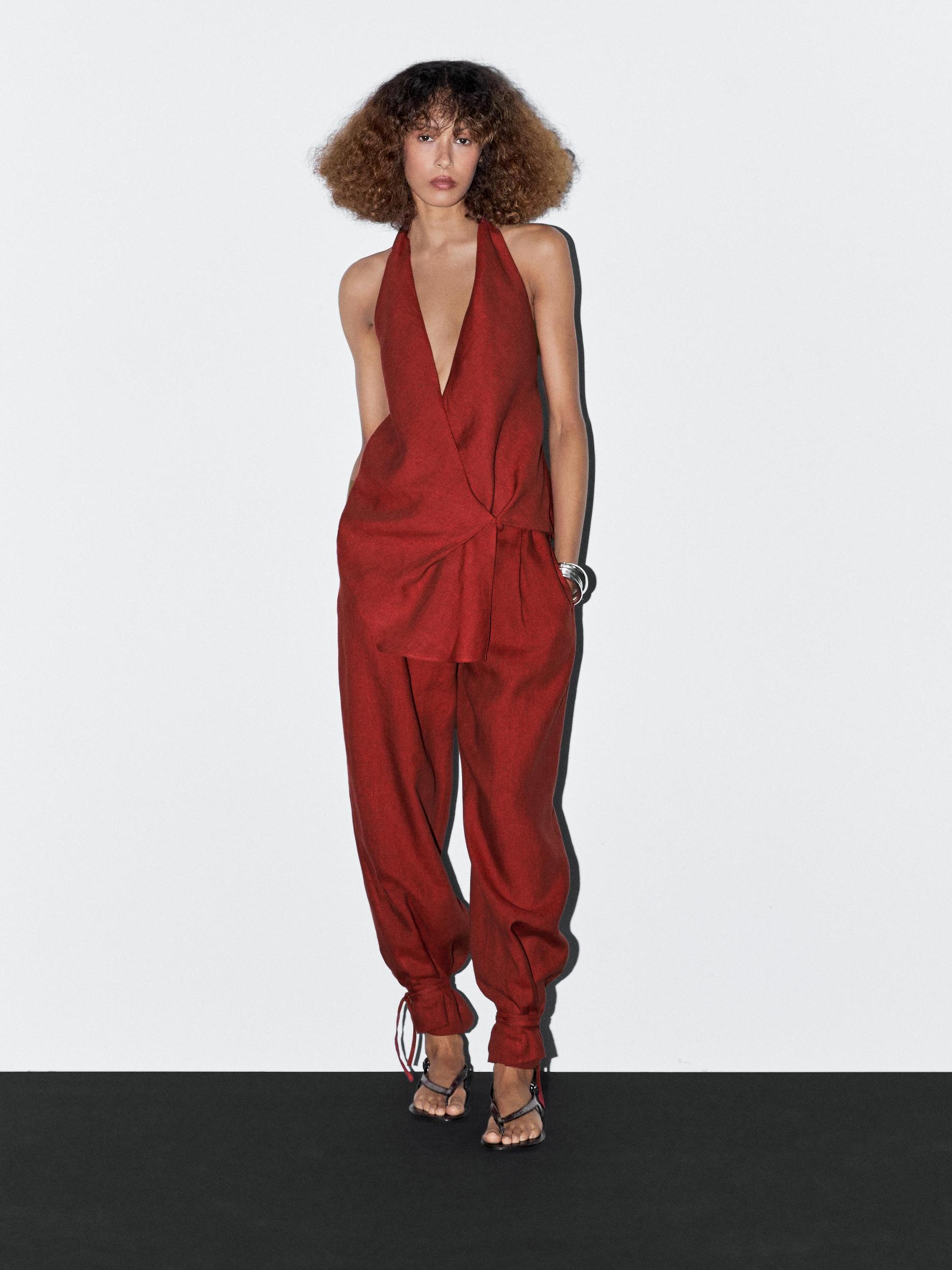 100% linen trousers with bow detail Product Image