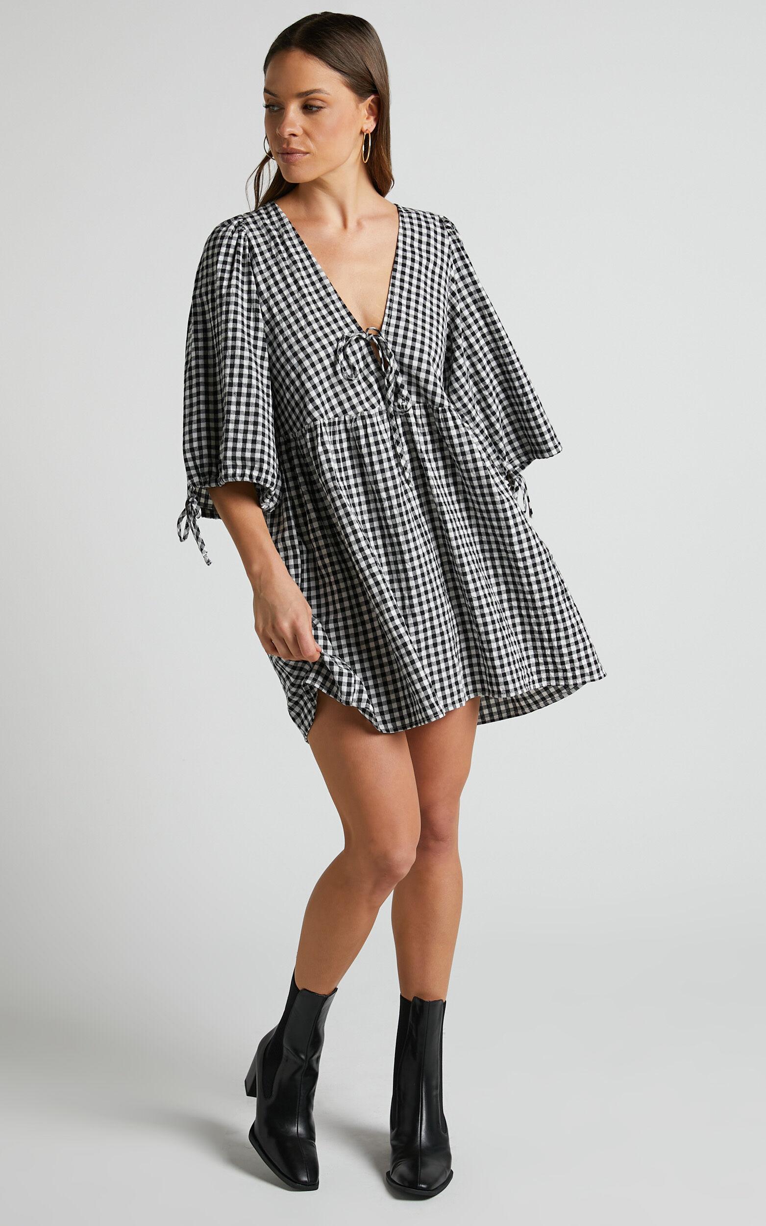 Rosita Mini Dress - Tie Front Puff Sleeve Dress in Black and White Check Product Image