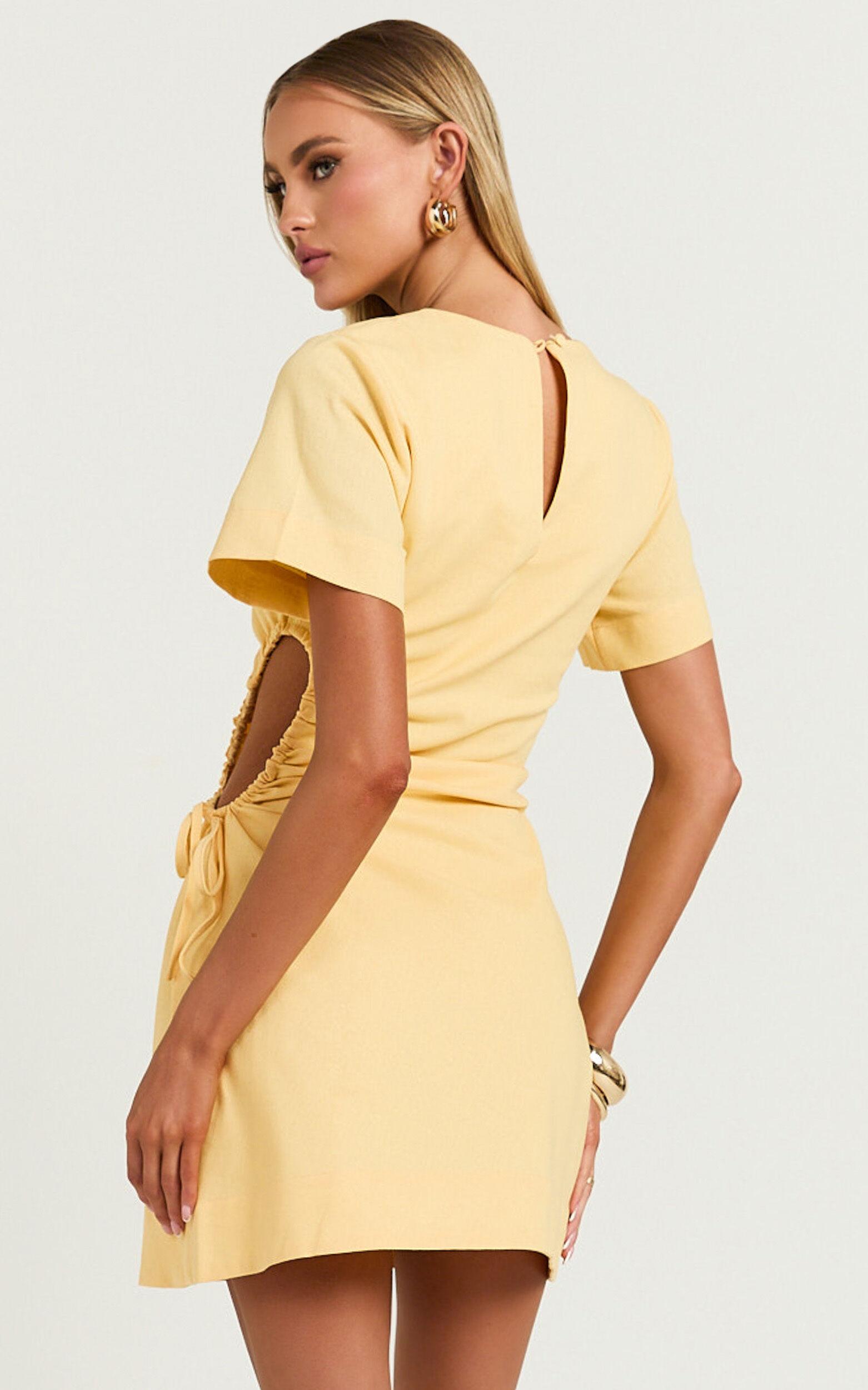 Samira Mini Dress - Ruched Cut Out Linen Dress in Lemon Product Image