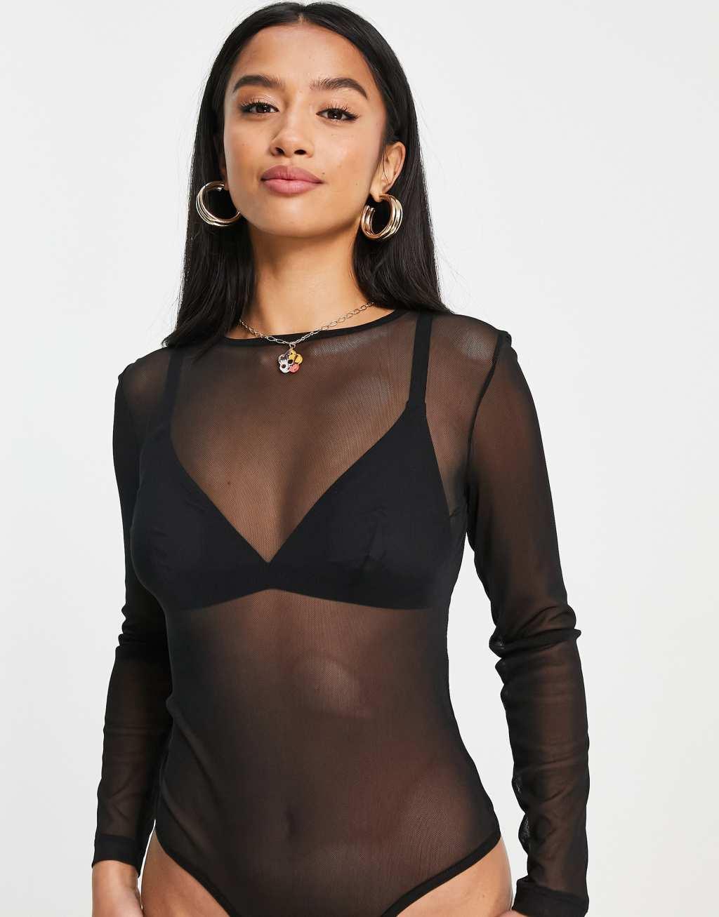 ASOS DESIGN Petite glitter mesh long sleeve bodysuit Product Image
