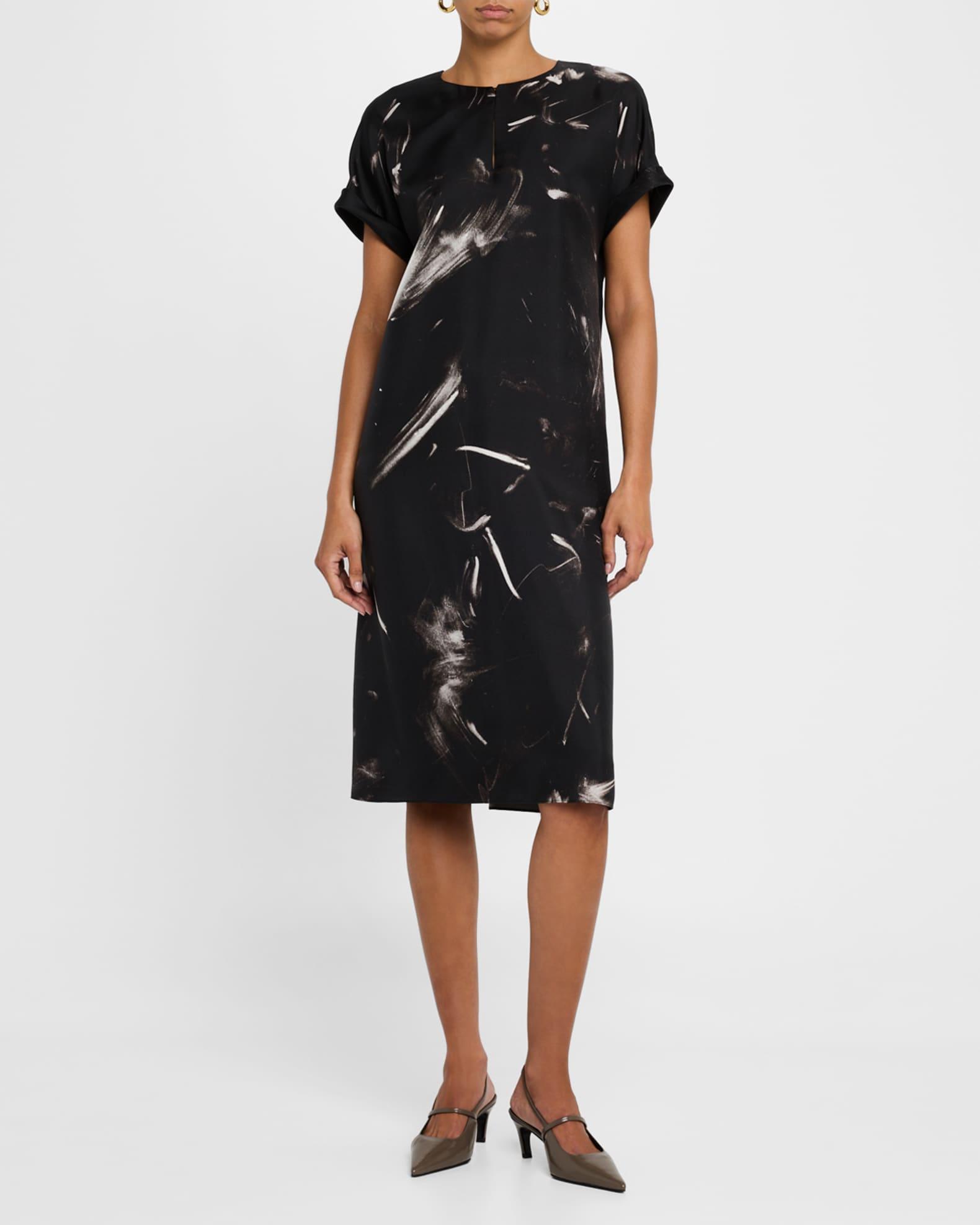 Cuffed Short-Sleeve Silk Dress Product Image