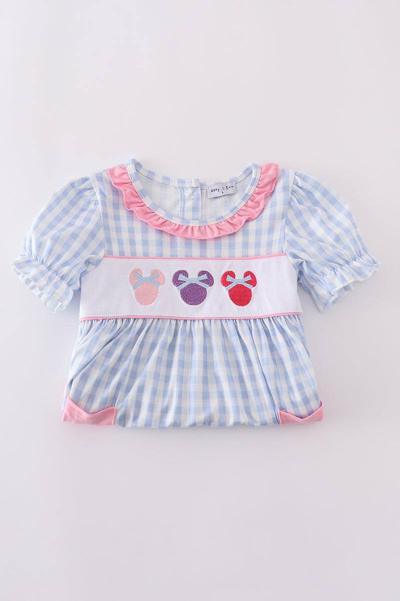 Blue character embroidery gingham ruffle dress Product Image