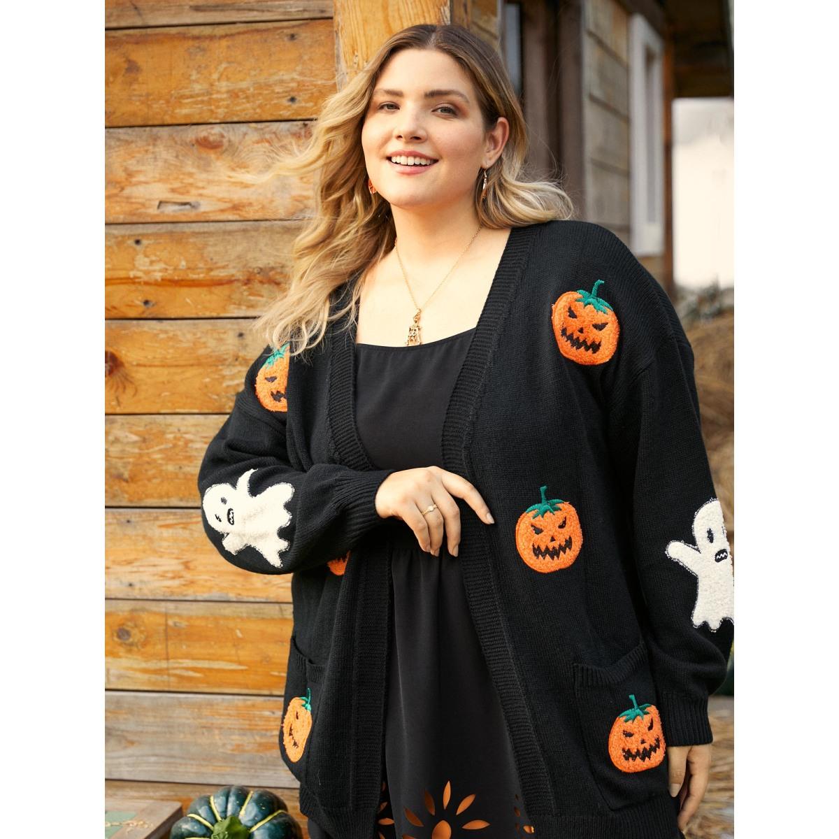 Plus Size Pumpkin Ghost Embroidery Open Cardigan Black Women Playful Loose Long Sleeve Casual Cardigans BloomChic 14-16/1X Product Image