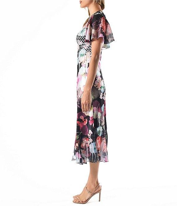 Komarov Charmeuse Lace V-Neck Short Flutter Sleeve Floral Print Fit & Flare Midi Dress Product Image