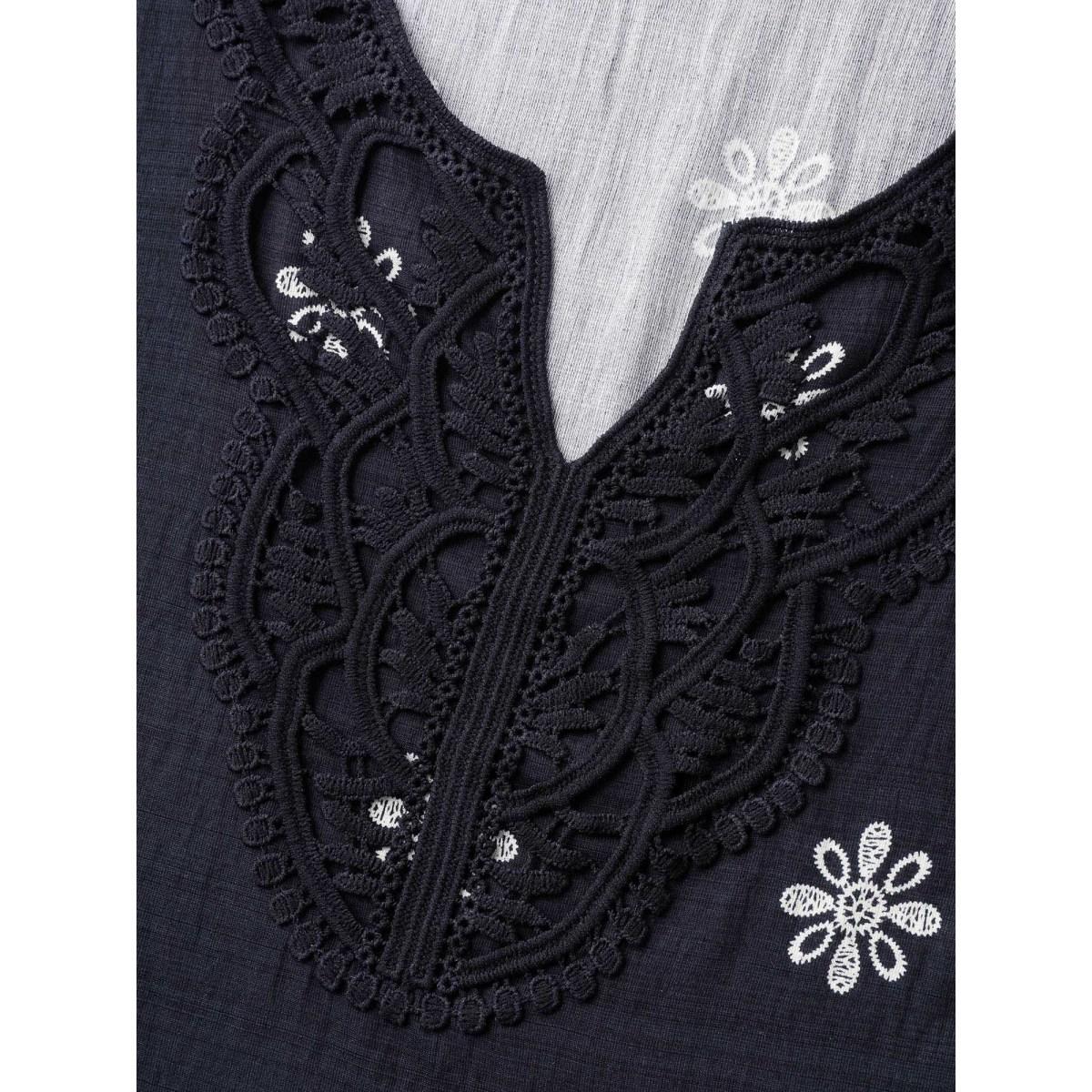 Plus Size Indigo Boho Print Lace Neck Blouse Women Boho Elbow-length sleeve Notched collar Vacation Blouses BloomChic 26/4X Product Image