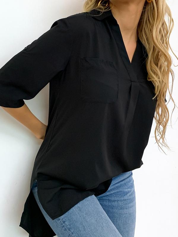 Half Sleeves Loose Pleated Solid Color Split-Joint Split-Side Lapel Blouses&Shirts Tops Product Image
