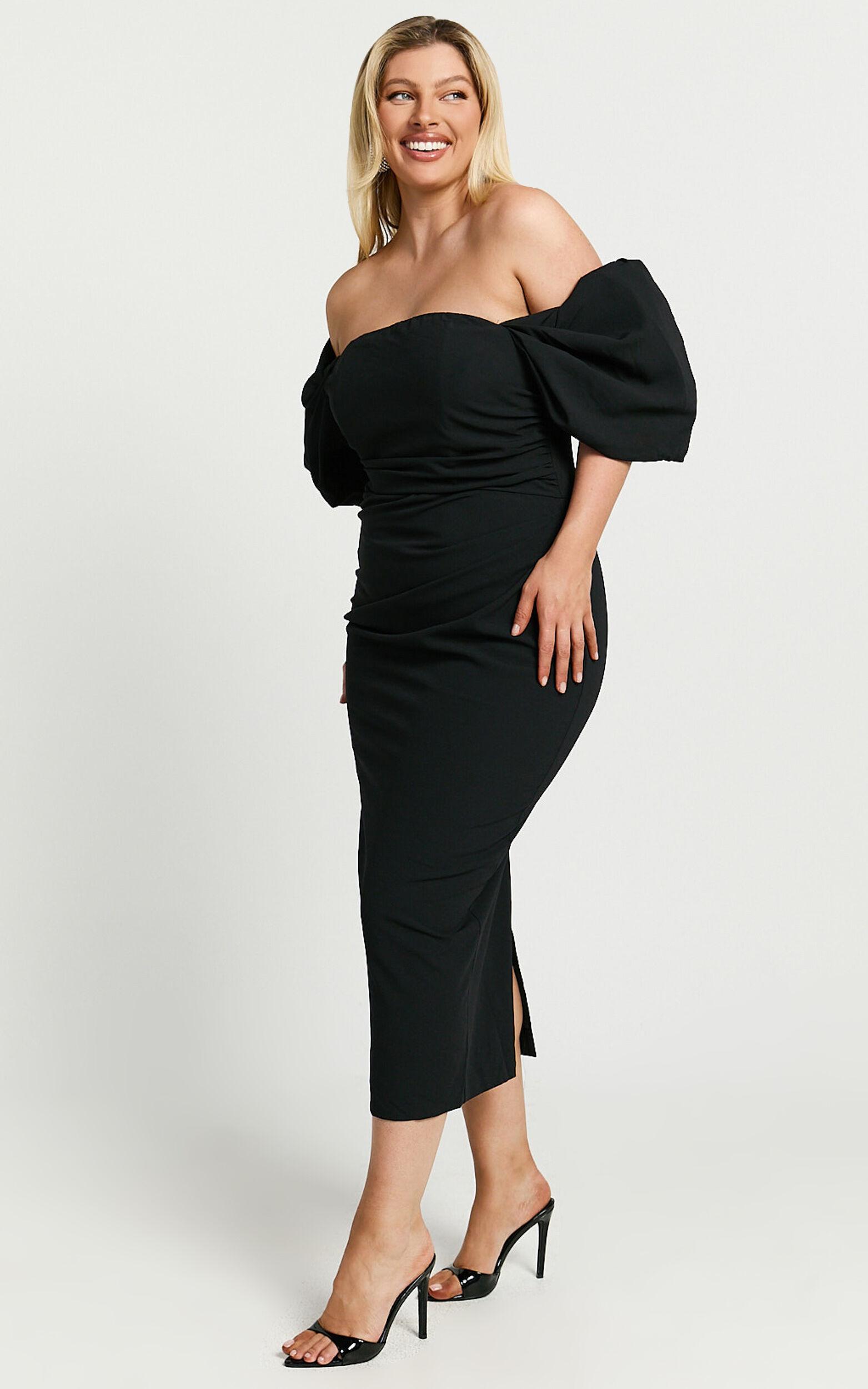 Lohan Midi Dress - Off Shoulder Puff Sleeve in Black Product Image