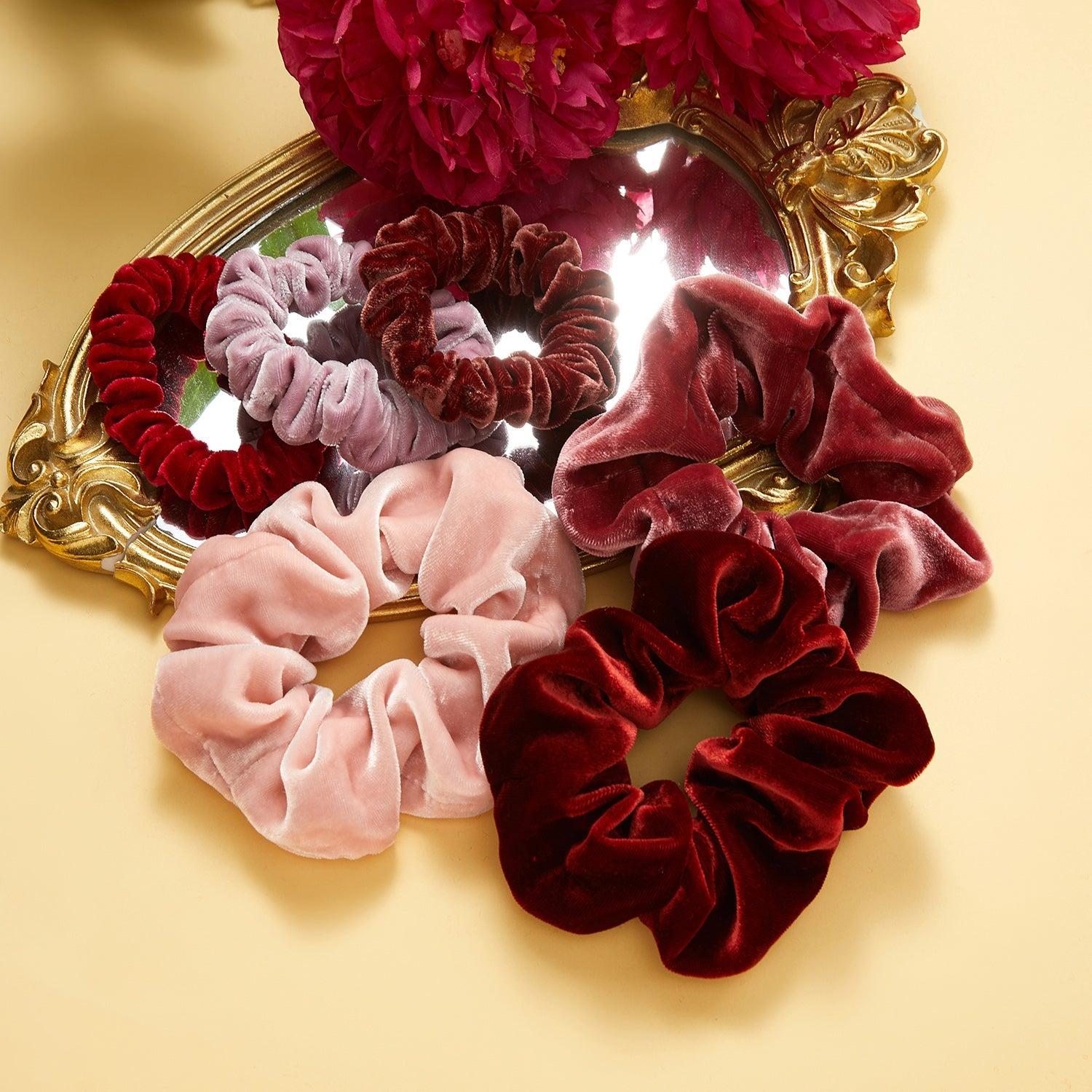 Silk Velvet Handmade Scrunchie Set of Two | 0.8 Inch & 2 Inch | Lipstick Collection Product Image