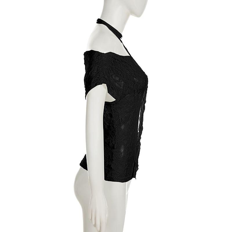 Set: Short-Sleeve Off-Shoulder Lace Top + Thin Scarf Product Image