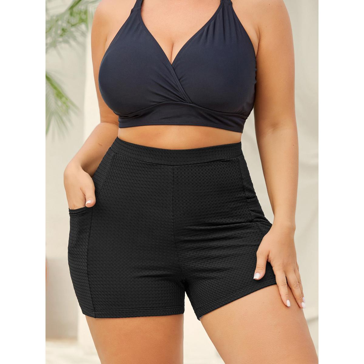 Plus Size Textured Tight-Fit Pockets Swim Bottoms Women's Swimwear Indigo Resort Texture High stretch Skinny High Rise Side seam pocket Curve Swim Bottoms BloomChic 28/5X Product Image
