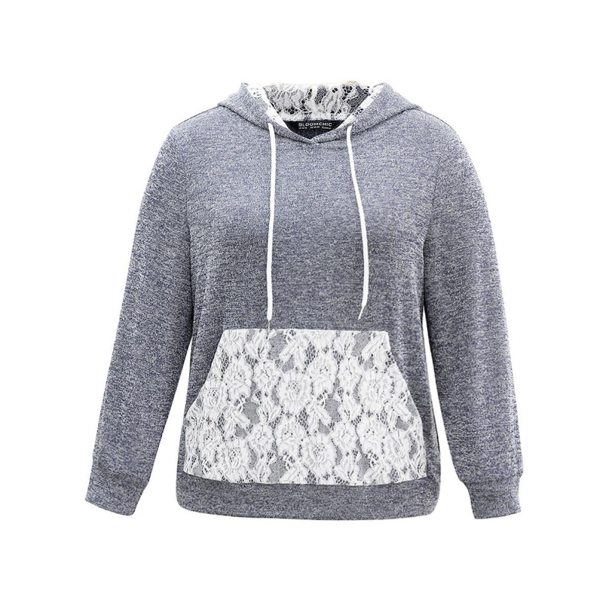 Plus Size Crochet Lace Patchwork Pocket Hooded Sweatshirt Women Indigo Casual Contrast Hooded Everyday Sweatshirts BloomChic 10/M Product Image