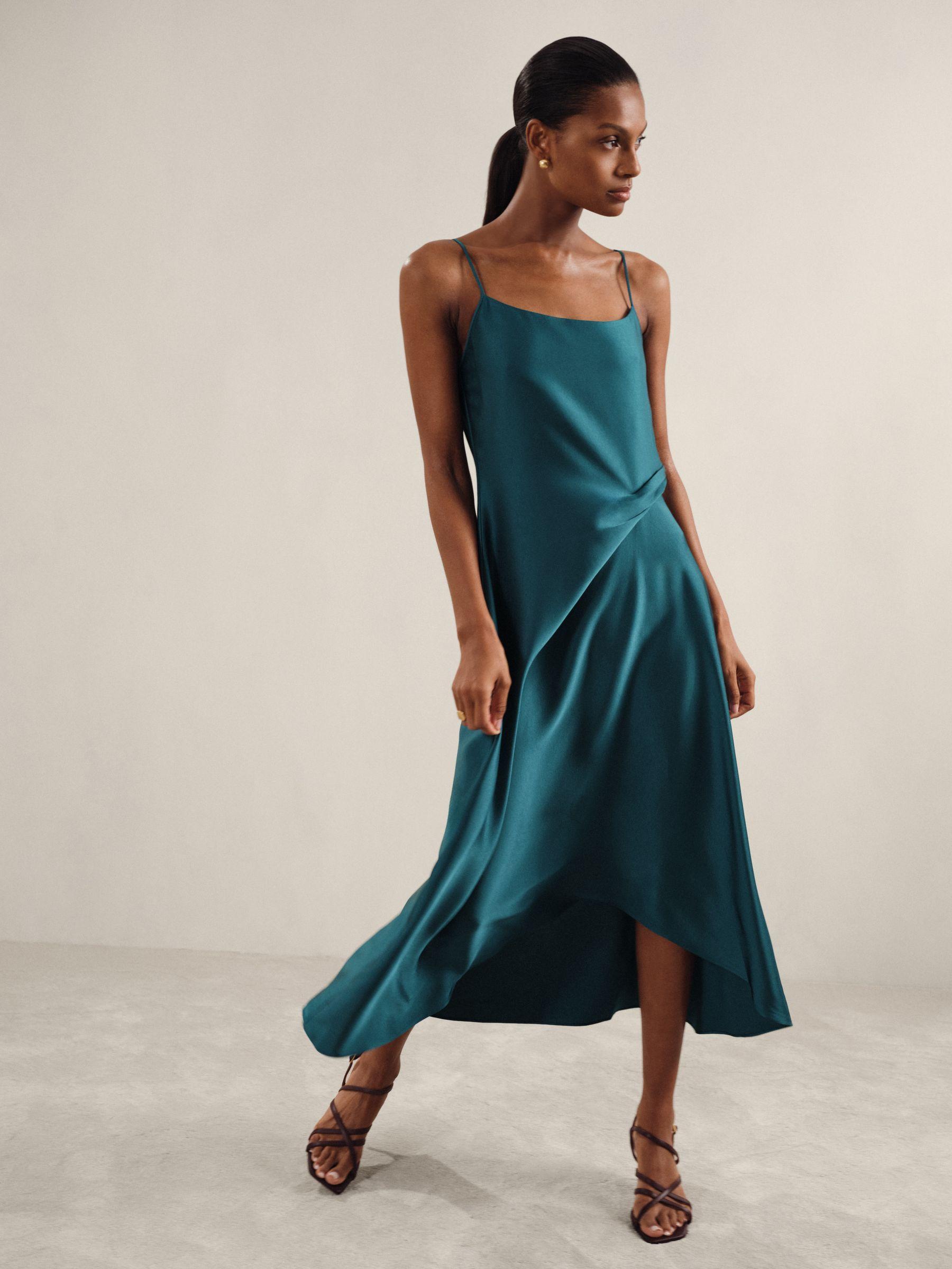 Petite Satin Drape-Detail Slip Dress in Teal Product Image