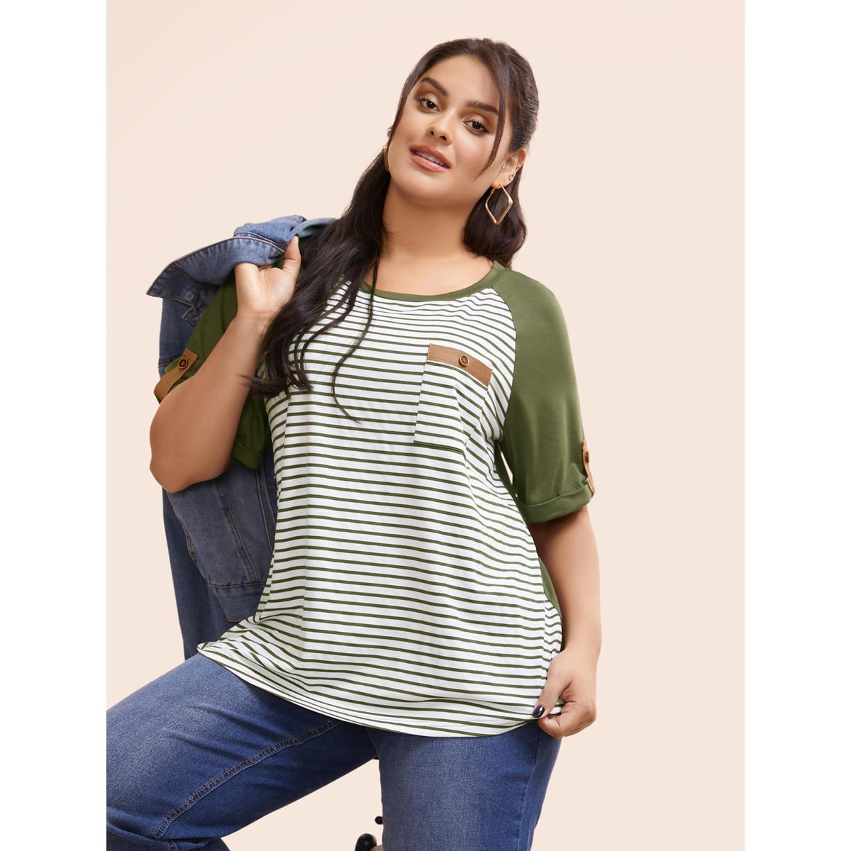 Plus Size Striped Contrast Patched Pocket Roll Raglan Sleeve T-shirt ArmyGreen Women Casual Contrast Striped Round Neck Everyday T-shirts BloomChic 22-24/3X Product Image