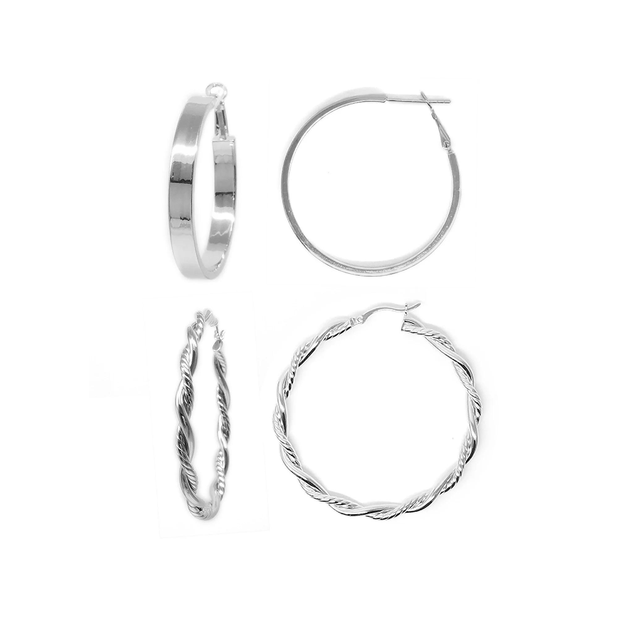 Athra NJ Inc Sterling Silver Square Tube & Twisted Hoop Earring Set, Women's Product Image
