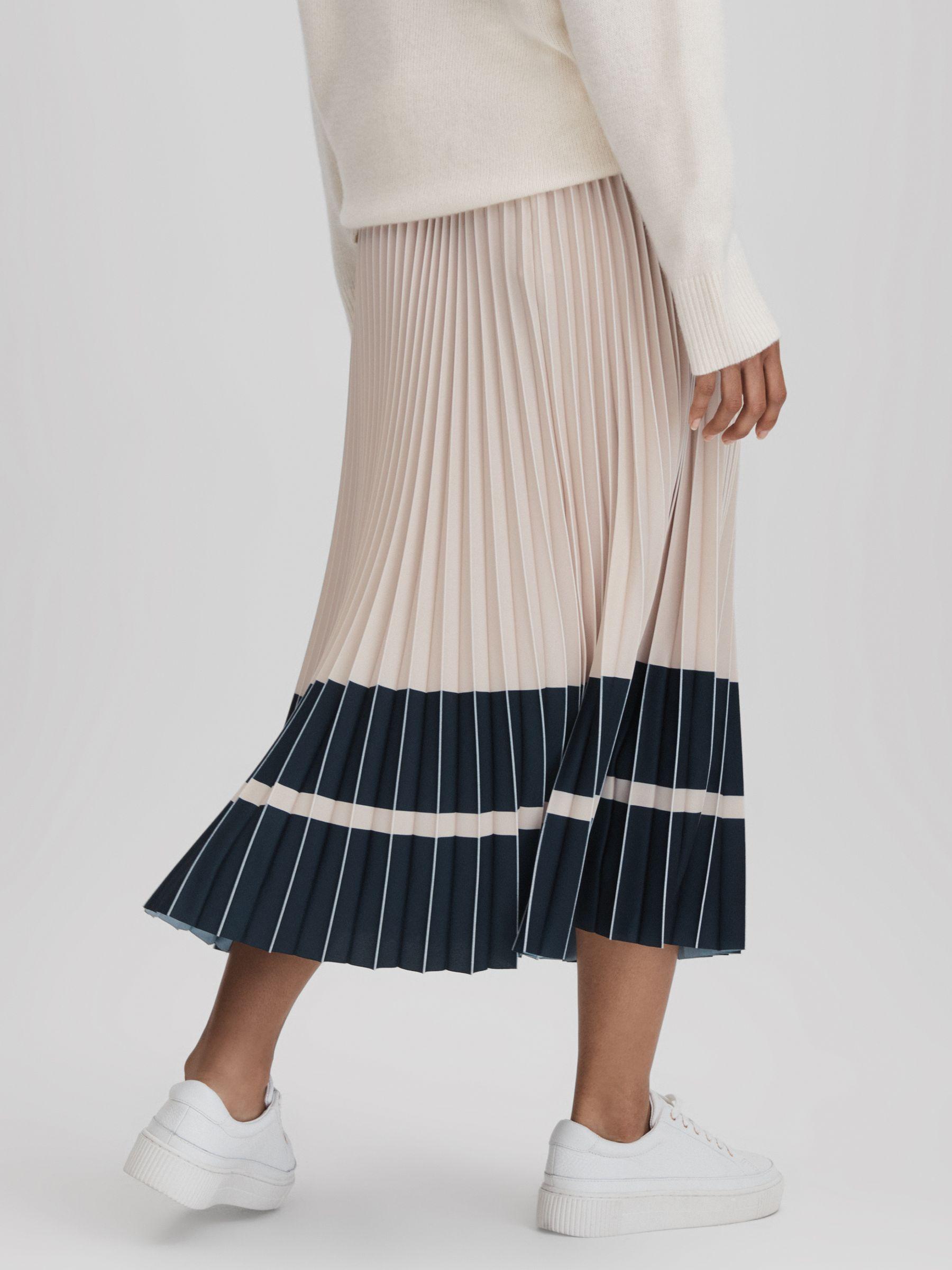 High Rise Pleated Midi Skirt in Nude/Navy Product Image