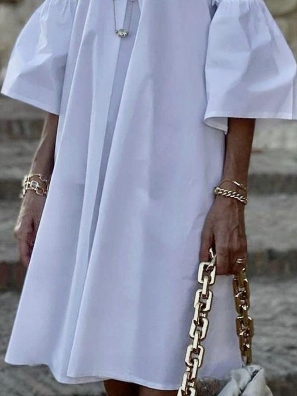 Flared Sleeves Half Sleeves Solid Color Round-Neck Mini Dresses Product Image