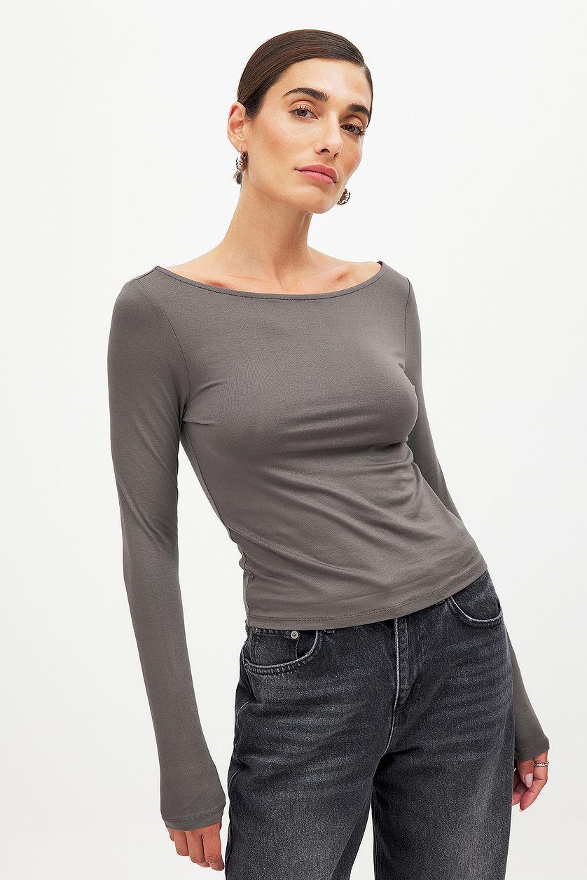 Boat Neck Long Sleeve Top Grey Product Image