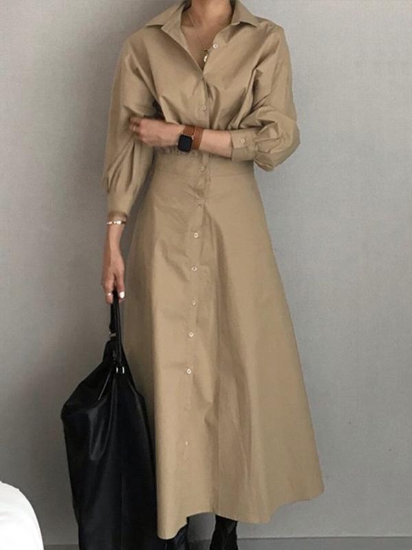 Loose Puff Sleeves Pleated Solid Color Split-Joint Lapel Maxi Dresses Shirt Dress Product Image