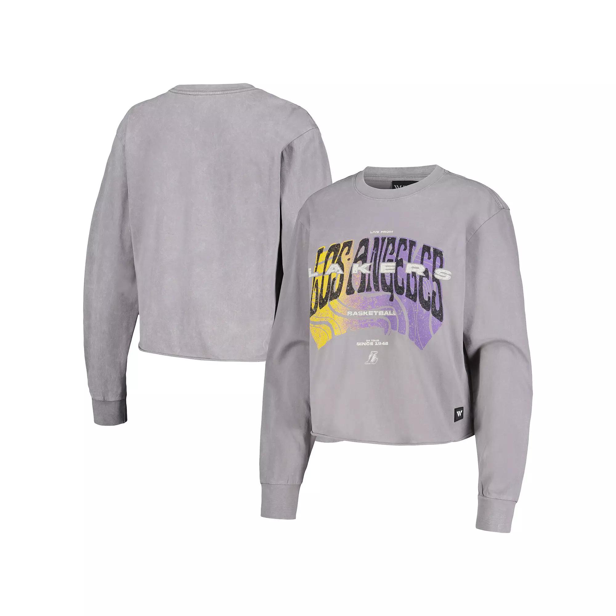 Women's The Wild Collective Gray Los Angeles Lakers Band Cropped Long Sleeve T-Shirt,  Product Image