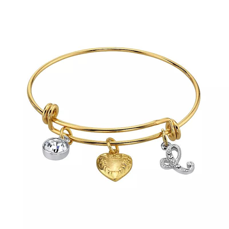 1928 Two Tone Crystal, Heart & Initial Charm Bangle Bracelet, Womens Product Image