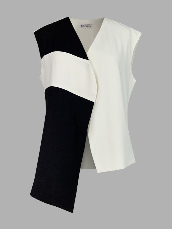 Loose Sleeveless Asymmetric Contrast Color V-Neck Vest Top Product Image