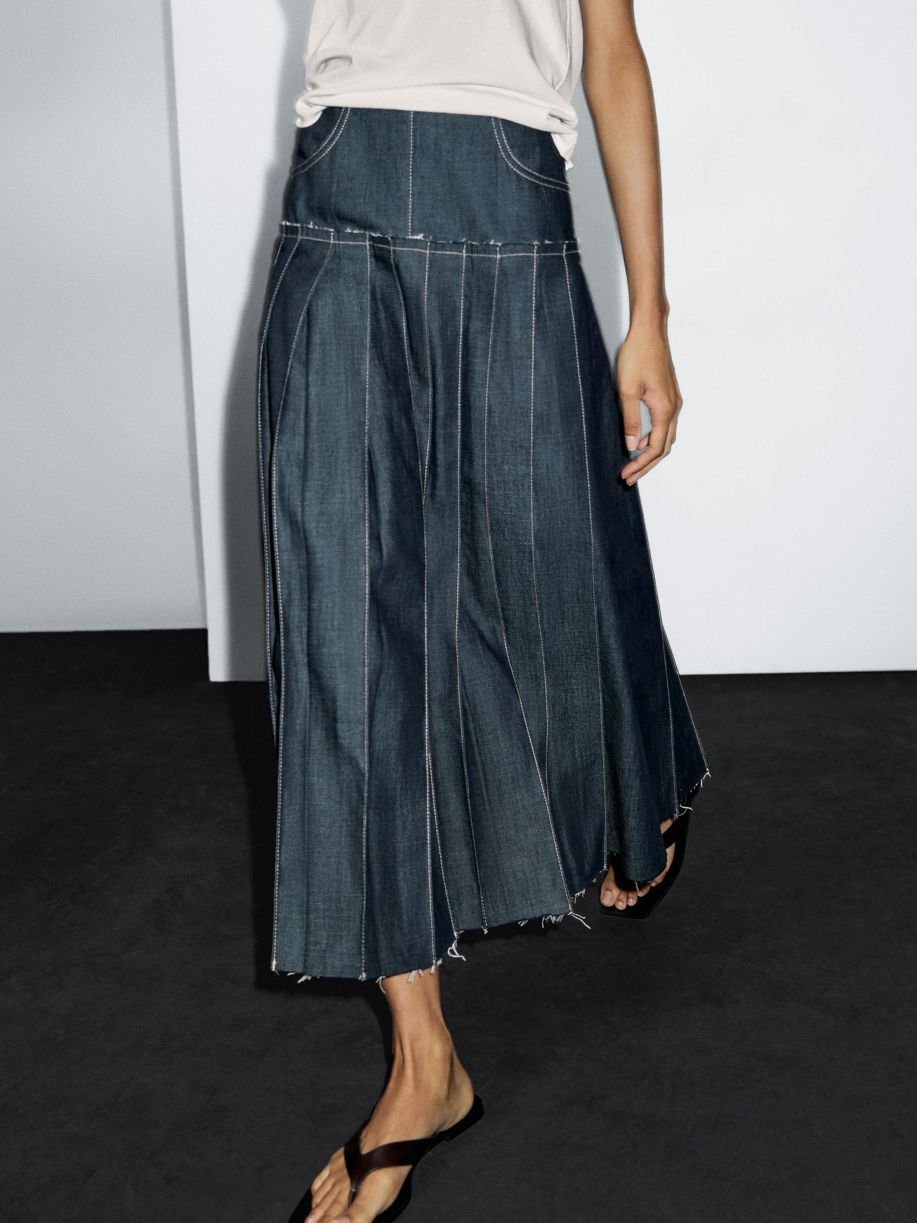 Denim midi skirt with box pleats Product Image
