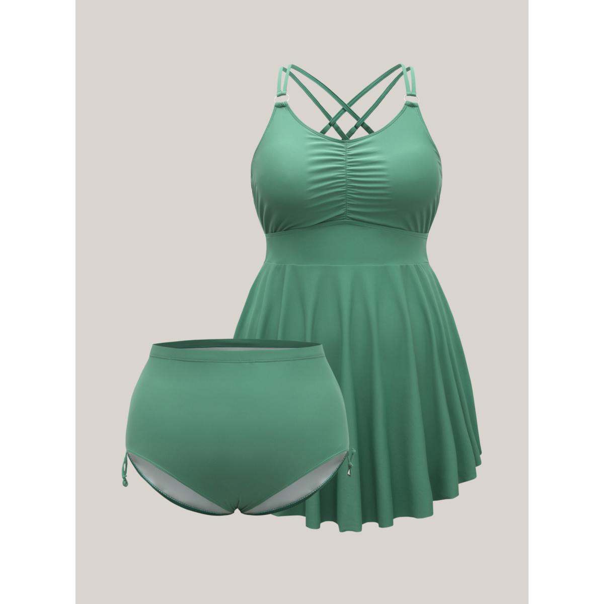 Plus Size Anti Float Tie Metal Detail Swim Dress Women's Swimwear Greenbean Beach Bodycon U-neck High stretch Curve Swim Dresses BloomChic 12/L Product Image