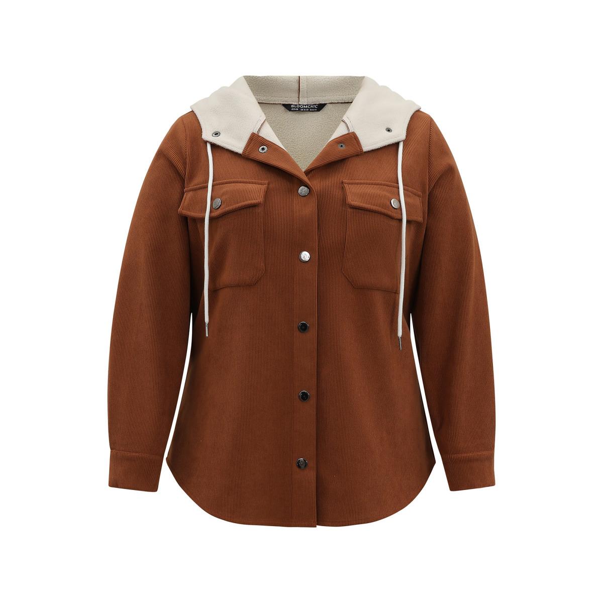 Plus Size Corduroy Fluffy Patchwork Hooded Jacket Women Bronze Contrast Pocket Dailywear Jackets BloomChic 28/5X Product Image